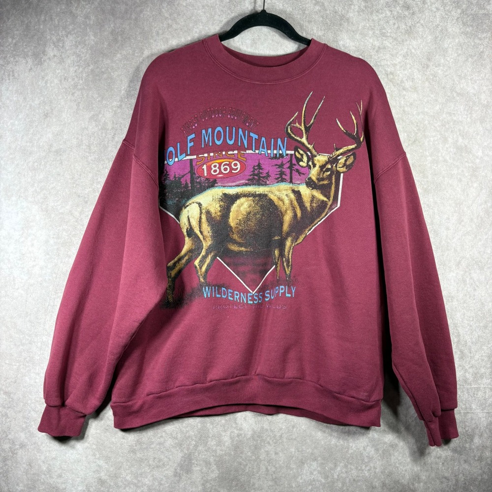 Vintage Wolf Mountain Sweatshirt Mens XL Maroon Wilderness Supply Deer Buck USA